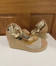 Ladies River Island Beige Studded Heeled Espadrille Wedge Sandal Size 6