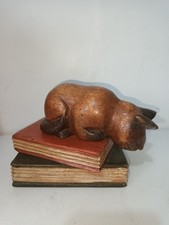 Wooden Curious Cat On Books Figurine Sculpture 