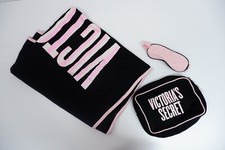 Victorias Secret Travel Airplane Set Blanket Eye Mask Bag Black Pink Stripe
