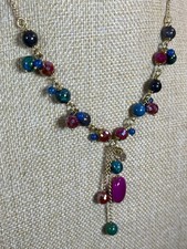 ONE BUTTON Multi Colour Glass & Semi Precious Gemstone Bead Y Drop Necklace 91