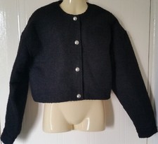 Women's H&M Black Boucle Cropped Button Front Collarless L/Sleeve Jacket Euro  S