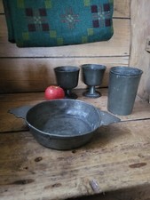 Four Pieces Of Early Pewter Beaker Goblets Qauche Porringer
