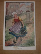ETHEL PARKINSON 1918 SIGNED DUTCH GIRL POSTCARD TEA TIME WATER PUMP FAULKNER