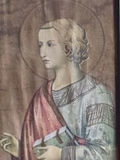 Antique Religious print on canvas of a Saint in Hogarth style frame.