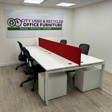 Buronomic 4-Person Bench Desking, White, Portholes, Red Desktop Screens W1400...