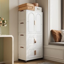 White Folding Wardrobe w/Magnetic Door and Wheels, Large Plastic Storage Cabinet
