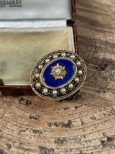 Vintage Royal Blue Enamel Brooch Gold Tone Pin Victorian Revival Faux Seed Pearl