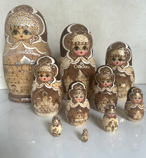 Set of 10  Wooden pyrography Russian Nesting Dolls with gold detail