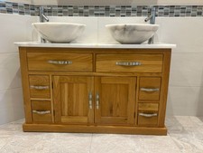 Oak Bathroom Vanity Cabinet Double Sink Cream Marble Unit (USED) WITHOUT TAPS
