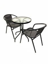Garden Table & Chairs Set - 2 Black Rattan Chairs & 1 Round Glass Table