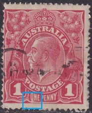 AUST KGV 1d RED SWk. FLAW - 'UNDER 'O' of ONE'. USED. (L629)