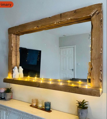Large rustic wood shelf mirror - rustic,