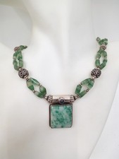 Vintage Sterling Silver 925 Necklace Mottled Jade & Agate Design 45cm 51.65g