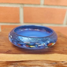 VINTAGE MONART VASART ART GLASS BLUE MOTTLED SMALL DISH, 4.5 INCHES IN DIAMETER 