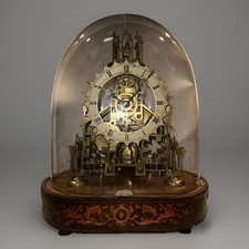 Antique 19th Century English Gothic Revival Skeleton Clock With Inlaid Base
