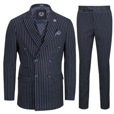 Mens Navy 3 Piece Double Breasted Chalk Stripe Suit Classic Vintage Tailored Fit