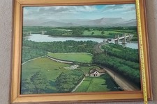 FRAMED PAINTING MENAI BRITANNIA TUBULAR BRIDGE ANGLESEY 1927