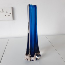 Whitefriars #9570 Tricorn Blue and Clear Glass Vase 9"