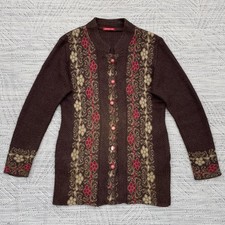 Vintage Floral Boho Wool Cardigan Womens L Brown Diamond Honeycomb Knit Longline