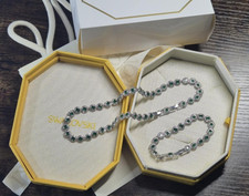 Swarovski Crystal Jewelry Set Round Cut Green & White Stones + Packaging