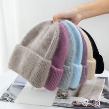 Thick Warm Rabbit Fur Cuffed Cap Knitted Beanie Solid Color Men Women Hat