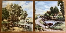 2 Vintage Tiles Mosa Holland Van Hunnik 6 X 6” Fishing,Horses,Rural Countryside