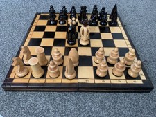 Antique 37cm wooden Chess Set and Folding Chess Piece Case