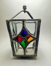 ANTIQUE TORQUAY MULTI COLOURED MOTIF LEADED GLASS LANTERN