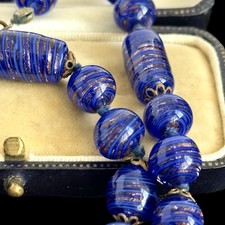Antique Art Deco Latticino Aventurine Murano Necklace Art Glass Blue Cobalt Gold