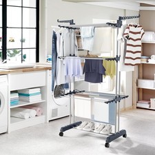 3-Tier Rolling Clothes Rack Garment Rail with Shelves Wheels Storage Stand Grey