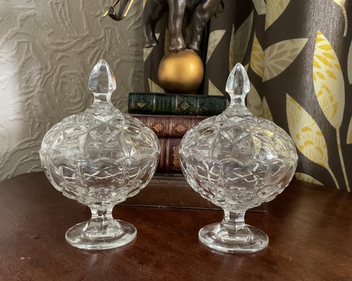 Vintage pair cut glass lidded - ,