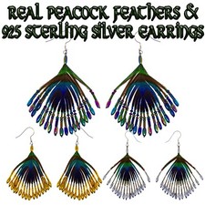 Real Peacock Eye Feather Earrings 925 Sterling Silver Jewellery