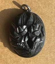 Vintage Victorian sterling silver carved Whitby Jet floral pendant roses