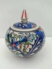  Vintage Turkish Handpainted Ceramic Lidded Jar Blue Vibrant Decorative Floral