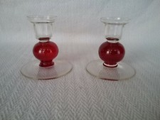 Pair of Vintage Glass Red Ruby Bubble Candlesticks