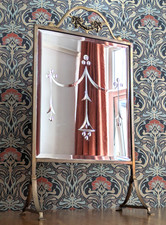 Antique 1900s Brass Etched Bevelled Mirror Glass Fire Screen Art Nouveau Ribbon