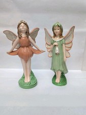 2x Vintage Flower Fairy Ornaments / Figurines Wings 9.5" Tall Whimsical VGC 