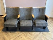 Vintage Cinema Seats Cast Iron Legs, Upholstered Grey Retro, Free Standing