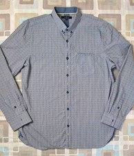 Mens Jeff Banks Blue Tiny Check / Embroidered Long Sleeve Cotton Shirt - Size L