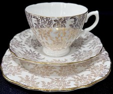 Royal Vale “GOLD CHINTZ” Vintage 1950s Bone China Cup Saucer & Tea Plate Trio 