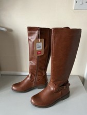 BNWT Ladies Tan Brown Leather Look Stretchy Knee High Boots Size 4 Cotton Trader