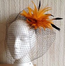 orange feather fascinator black french veiling veil hair clip brooch headpiece