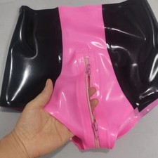 Women Latex Briefs crotch Zipper Black Pink Splicing Tight Shorts Rubber Pants