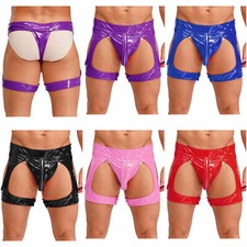 Mens PVC Leather Boxer Shorts Wetlook Zipper Bulge Pouch Sexy Hollow-out Brief