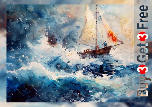 Stormy sea boat print - boat, on