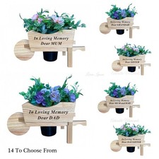 Wooden Wheel Barrow with Flowers & Pot, Vase Ornament Relative Tribute Memorial