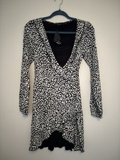 Nasty Gal Black And White Leopard Wrap Long Sleeve Dress