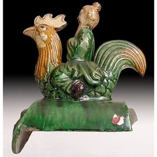 Antique Chinese Ceramic Taoist Immortal Riding Rooster Sancai Roof Tile 雄雞道士屋瓦