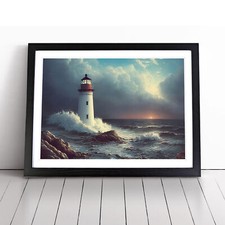 Interesting Lighthouse Seascape Framed Canvas Wall Art Print Poster Picture
