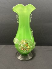 Vintage Murano Lime Green Glass Vase with Multicoloured Flowers 24cm Tall 1960s